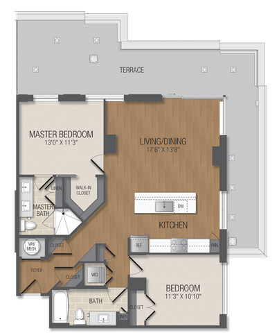 Floor plan for 2 beds, 2 baths, 1108 sqft