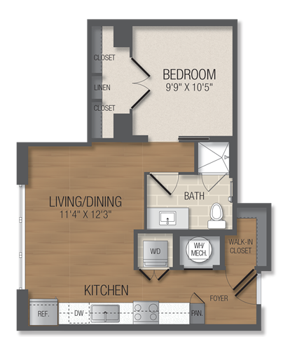 Floor plan for studio, 1 bath, 602 sqft