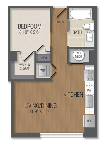 Floor plan for studio, 1 bath, 543 sqft