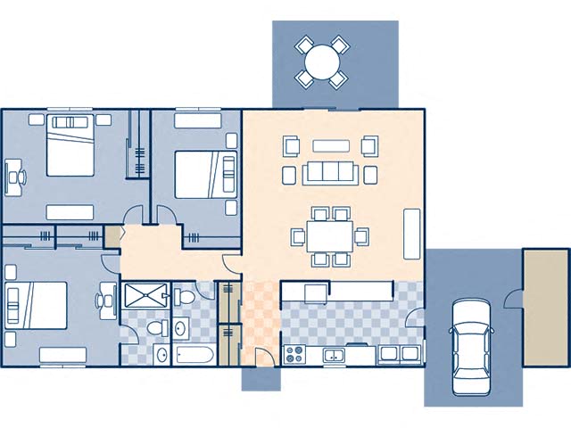 Floor plan for 3 beds, 2 baths, 1327 sqft