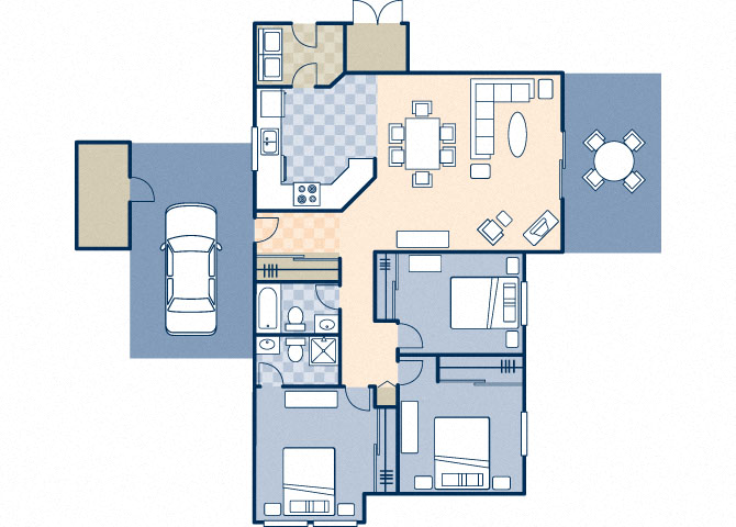 Floor plan for 3 beds, 2 baths, 1172 sqft