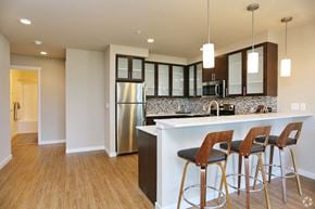 Seattle apartment for rent - a kitchen with a bar and a stainless steel refrigerator