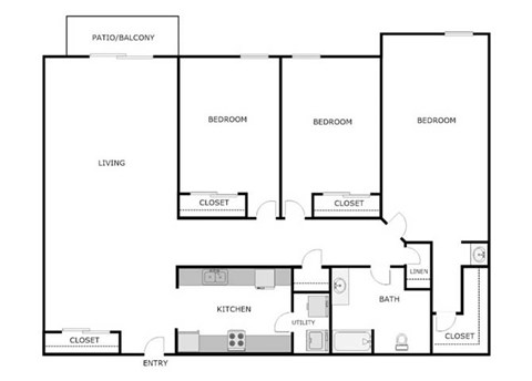 Floor plan for 3 beds, 1 bath, 1140 sqft