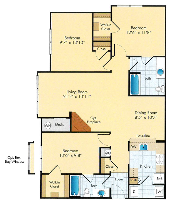 Floor plan for 3 beds, 2 baths, 1240 sqft
