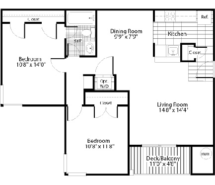 Floor plan for 2 beds, 1 bath, 876 sqft