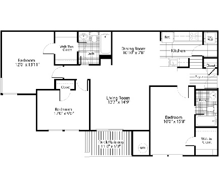 Floor plan for 3 beds, 2 baths, 1186 sqft