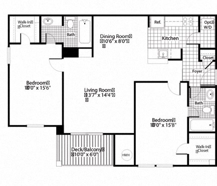 Floor plan for 2 beds, 2 baths, 1010 sqft
