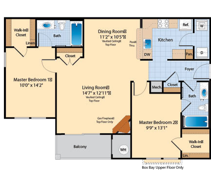 Floor plan for 2 beds, 2 baths, 1052 sqft
