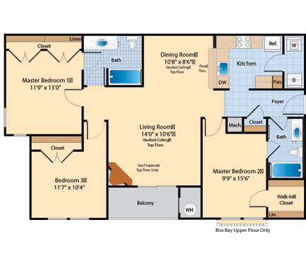 Floor plan for 3 beds, 2 baths, 1237 sqft