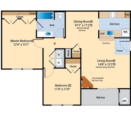 Floor plan for 2 beds, 1 bath, 944 sqft