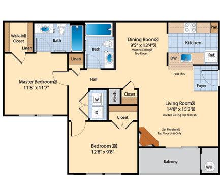 Floor plan for 2 beds, 2 baths, 980 sqft