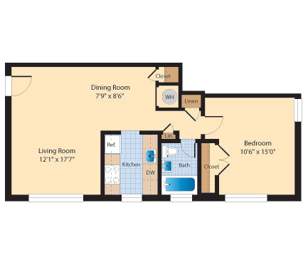 Floor plan for 1 bed, 1 bath, 610 sqft
