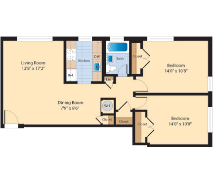 Floor plan for 2 beds, 1 bath, 783 sqft