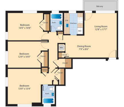 Floor plan for 3 beds, 2 baths, 941 sqft
