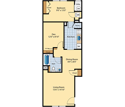 Floor plan for 1 bed, 1 bath, 734 sqft