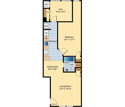 Floor plan for 2 beds, 1 bath, 694 sqft