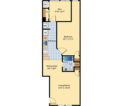 Floor plan for 2 beds, 1 bath, 711 sqft