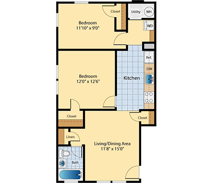 Floor plan for 2 beds, 1 bath, 739 sqft