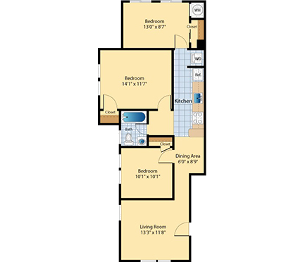 Floor plan for 3 beds, 1 bath, 836 sqft
