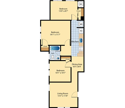 Floor plan for 3 beds, 1 bath, 794 sqft
