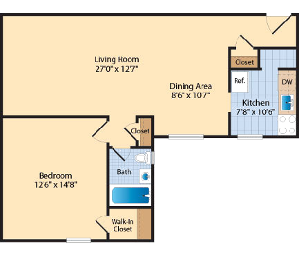 Floor plan for 1 bed, 1 bath, 781 sqft