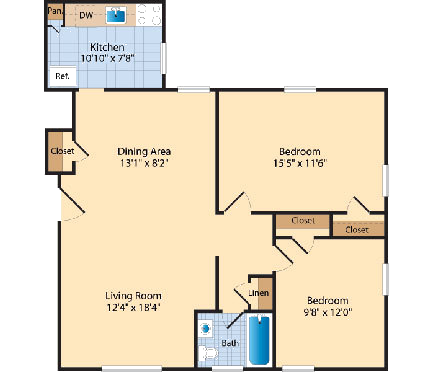 Floor plan for 2 beds, 1 bath, 887 sqft