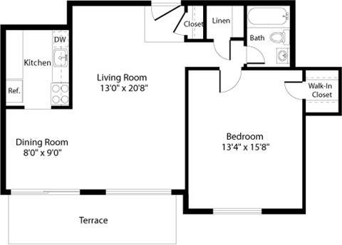 Floor plan for 1 bed, 1 bath, 791 sqft