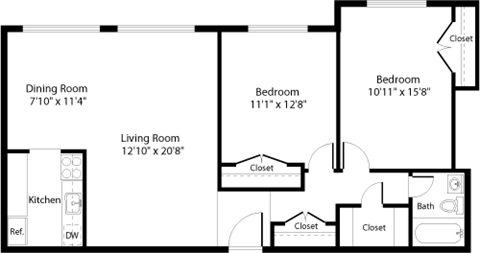 Floor plan for 2 beds, 1 bath, 968 sqft