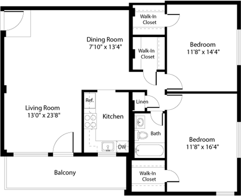 Floor plan for 2 beds, 1 bath, 982 sqft