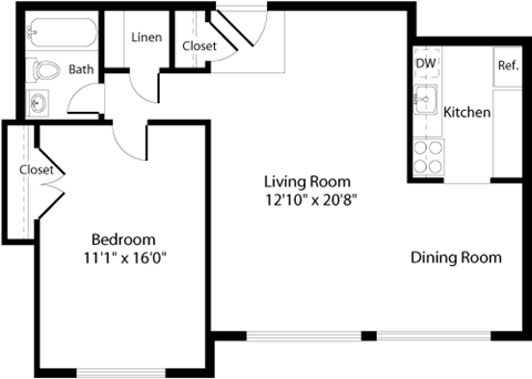 Floor plan for 1 bed, 1 bath, 715 sqft