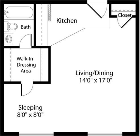 Floor plan for studio, 1 bath, 473 sqft