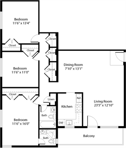 Floor plan for 3 beds, 2 baths, 1122 sqft