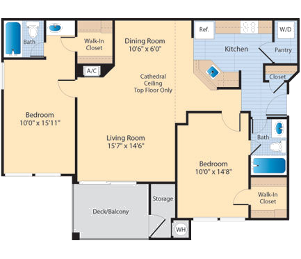 Floor plan for 2 beds, 2 baths, 1010 sqft