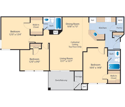 Floor plan for 3 beds, 2 baths, 1178 sqft