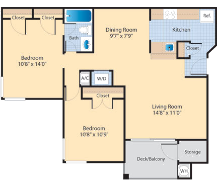 Floor plan for 2 beds, 1 bath, 877 sqft