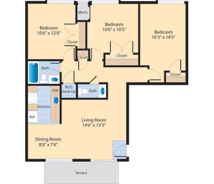 Floor plan for 3 beds, 1.5 baths, 970 sqft
