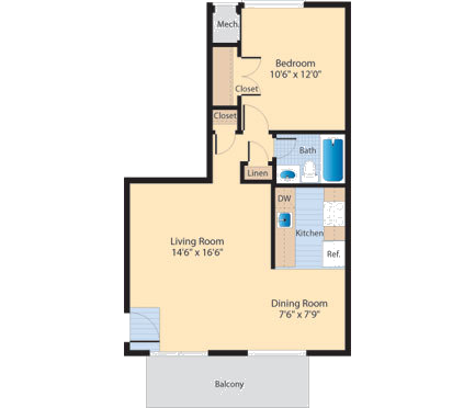 Floor plan for 1 bed, 1 bath, 600 sqft