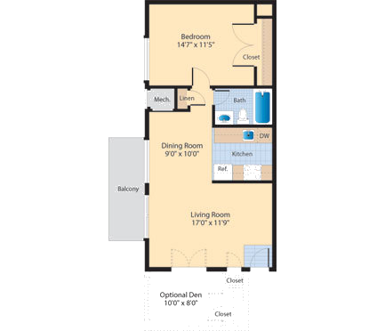 Floor plan for 1 bed, 1 bath, 625 sqft
