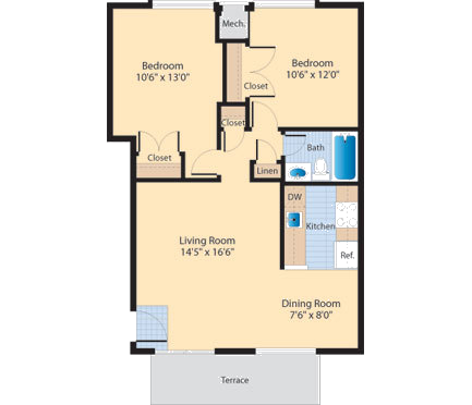 Floor plan for 2 beds, 1 bath, 788 sqft