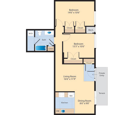 Floor plan for 2 beds, 1 bath, 1100 sqft