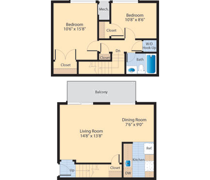 Floor plan for 2 beds, 1 bath, 833 sqft
