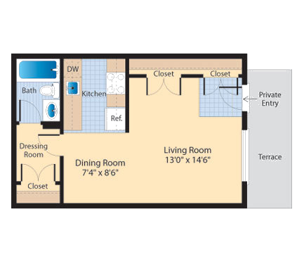 Floor plan for studio, 1 bath, 432 sqft