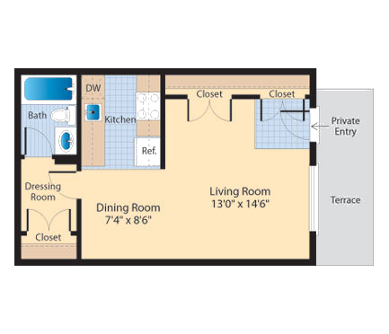 Floor plan for 1 bed, 1 bath, 432 sqft