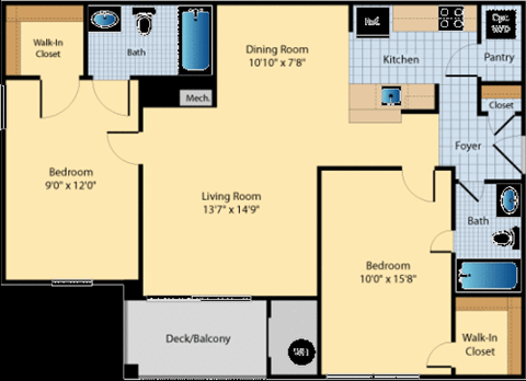 Floor plan for 2 beds, 2 baths, 1010 sqft
