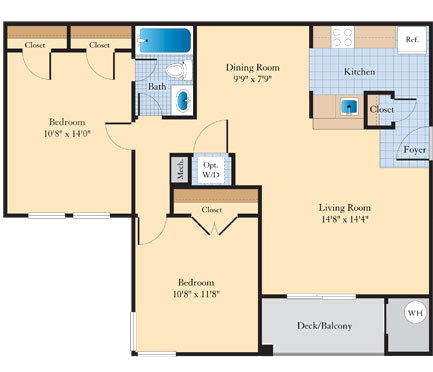 Floor plan for 2 beds, 1 bath, 877 sqft