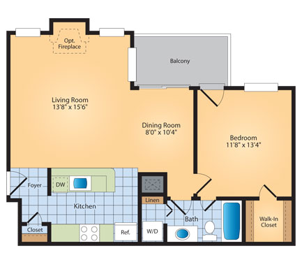 Floor plan for 1 bed, 1 bath, 740 sqft