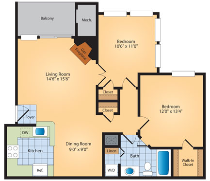 Floor plan for 1 bed, 1 bath, 886 sqft