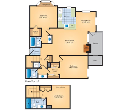 Floor plan for 3 beds, 3 baths, 1351 sqft