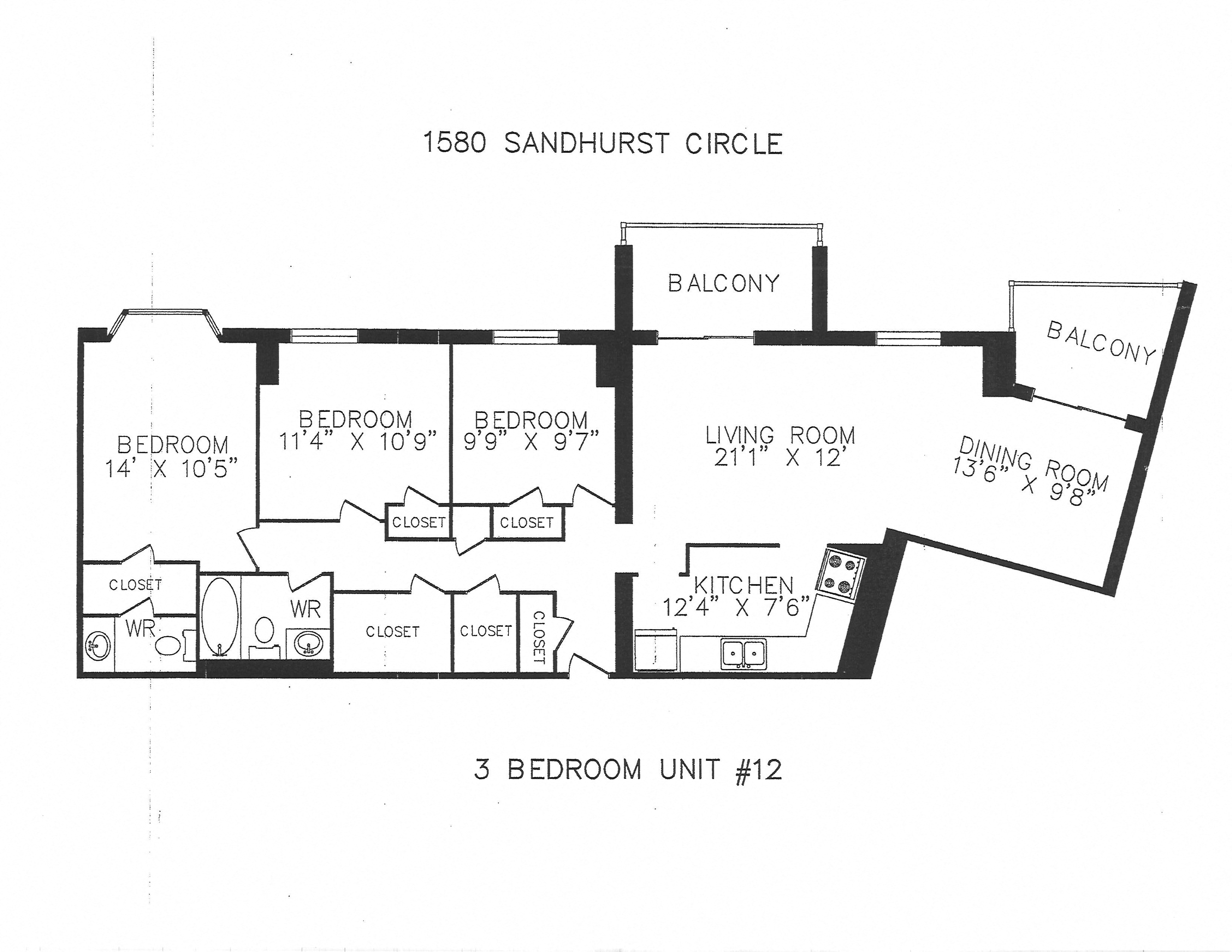 Floor plan for 3 beds, 1.5 baths, 1095 sqft