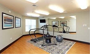 Cedar Rapids apartment for rent - Fitness room with a treadmill, exercise ball, and mirrors.